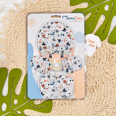 Kit Touca/Luva/Sapatinho - Cachorrinhos - Off White e Azul Jeans